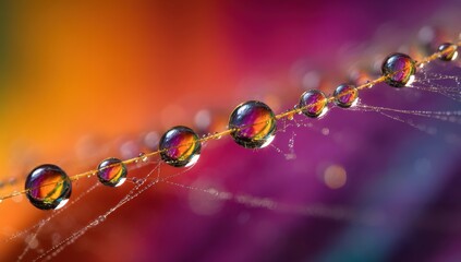 Colorful dew drops clinging to a spiderweb