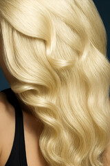 Naklejka premium Close-Up of Long Platinum Blonde Wavy Hair with Shiny Glossy Texture Highlighted on Dark Background for Beauty, Haircare and Fashion Concepts