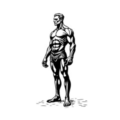 Striking monochrome bodybuilder portrait exhibiting muscular physique in artistic rendering for