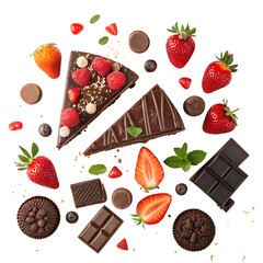 Assortment of delicious chocolate desserts and fresh berries isolated on transparent background