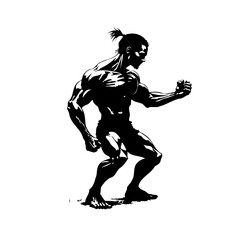 Strong physique illustration presenting determined man performing warrior pose with a bold and