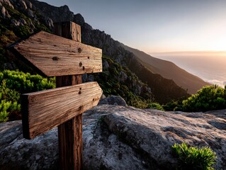 Scenic travel destination with wooden directional sign at sunset