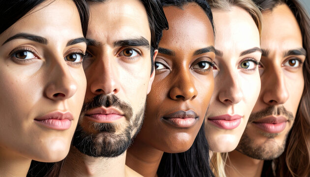 Diverse Group of Faces in Close-up, Representing Unity and Global Beauty