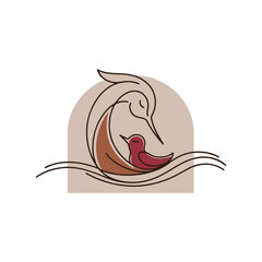 A Mother Bird Gently Feeding Her Baby Chick. A Minimalist Symbol of Family, Love, and Care. Vector Illustration.