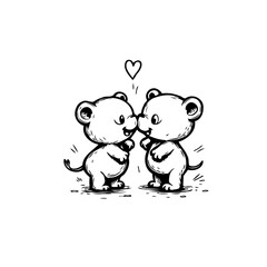 Two adorable cartoon bears expressing love under floating heart symbol in minimalist line drawing