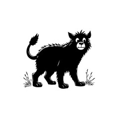 Whimsical black beast illustration gazes cheerfully amidst minimal flora evoking childhood fables