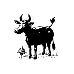 Whimsical bovine encounter perplexed creature discovery monochrome illustration unexpected object