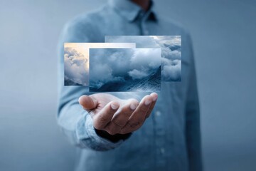 Modern Professional Holding Virtual Cloud Technology Interface Premium Digital Innovation for Business Marketing and Social Media Campaigns