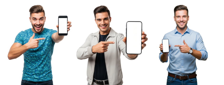 Group of young men excitedly holding up phone screen and points at it, isolated on a white or transparent background