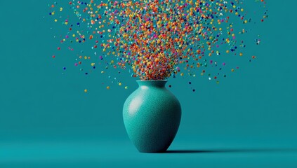 Teal vase erupting with colorful confetti