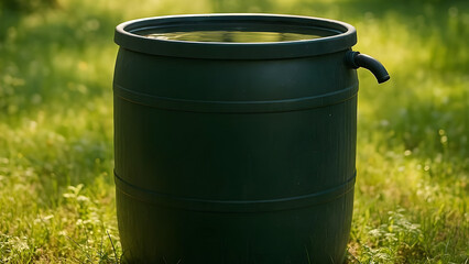 Obraz premium Rainwater Collection Barrel in Forest Clearing 