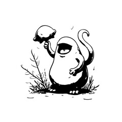 Whimsical monochrome cartoon illustration showcasing a fantastical one eyed creature holding a