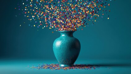 Teal vase filled with exploding confetti