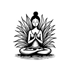 Woman in lotus position meditating peacefully amidst stylized foliage in minimalist black and