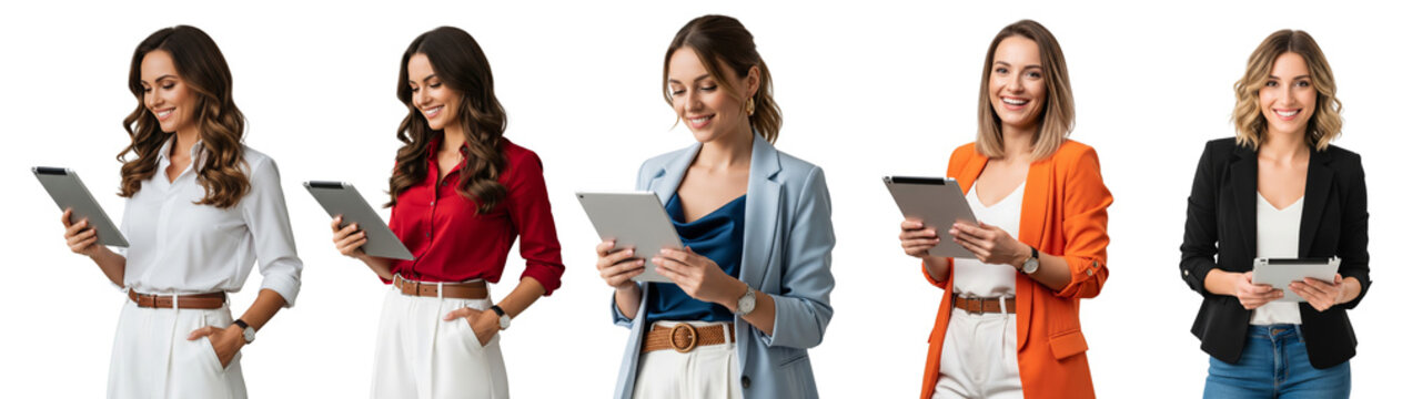 group of young business women using tablet isolated on white or transparent background