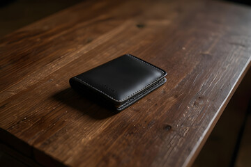 A sleek black leather wallet rests on a wooden surface in a studio setting