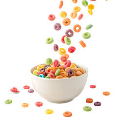 Colorful cereal rings falling into bowl isolated on transparent background