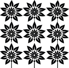 Nine stylized black floral silhouettes with prominent petals arranged in a 3x3 grid appearing like ornamental flowers on thin stems offering a classic botanical design element.