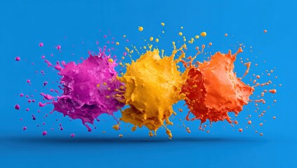 Colorful paint splashes against a vibrant blue background