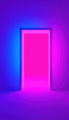 Illuminated doorway bathed in vibrant neon blue and magenta light creating a futuristic atmosphere