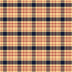 Plaid with twill weave repeat pattern.Gingham seamless pattern in light brown, navy blue and red.Checkered tartan Geometric graphic vector illustration background design for fabric and prints.