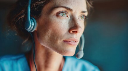 Professional Healthcare Hotline Nurse Wearing Headset in Modern Medical Office Premium Telehealth Service for Confident Patient Support and Remote Care Marketing