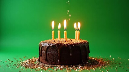 Chocolate birthday cake with lit candles and celebratory confetti against a vibrant green backdrop - Powered by Adobe