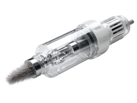 Clear, cylindrical device with brush tip