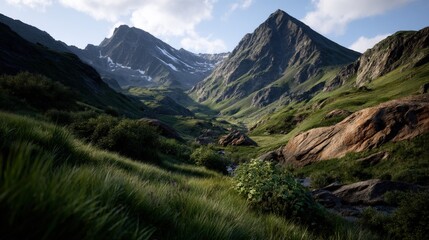 Fototapeta premium Majestic mountain range with lush green valley during daytime