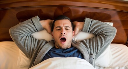 Man yawning in bed during morning hours, wearing a cozy robe and relaxing on soft pillows