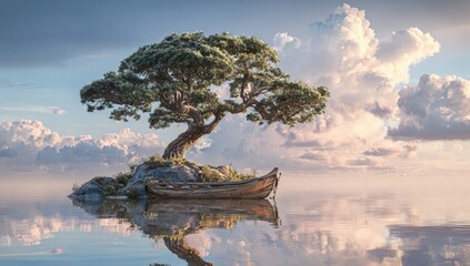 Tranquil island with a bonsai tree and small boat.  Sunrise or sunset