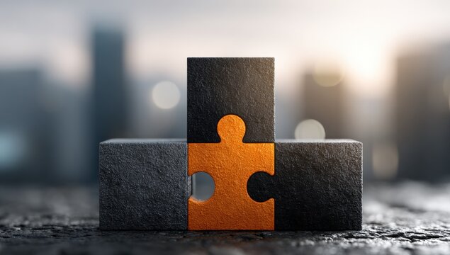Puzzle pieces on a stone surface, cityscape backdrop - Powered by Adobe