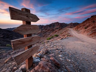 Scenic travel route sign amidst rugged terrain at sunset