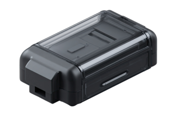 Dark gray protective case, clear plastic insert, rectangular shape. Features a button and slots