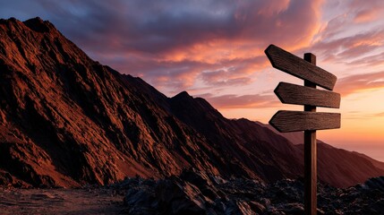 Sunset at the mountain trail with directional sign and colorful sky