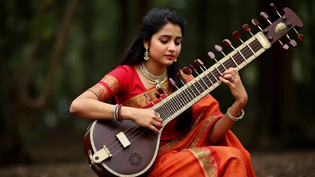 Indian woman in traditional Sari clothing Playing the Sitar..