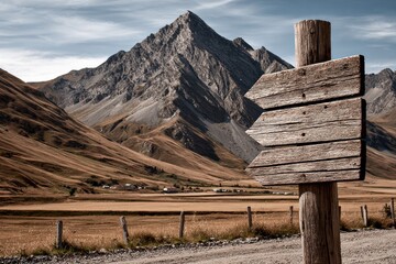 Scenic mountain landscape with wooden signpost in travel destination