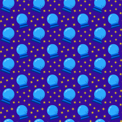Seamless pattern crystal ball with stars on dark blue background vector illustration. Print, perfect for branding, packaging, and autumn festival products