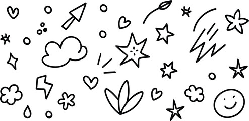 Hand-Drawn Doodle Set Cute Stars, Hearts, Clouds, and More