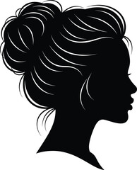 Elegant woman silhouette with bun hairstyle, female profile portrait, beauty fashion illustration, feminine vector art for design projects