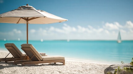 Obraz premium Relaxing under an umbrella on a serene beach in clear turquoise waters