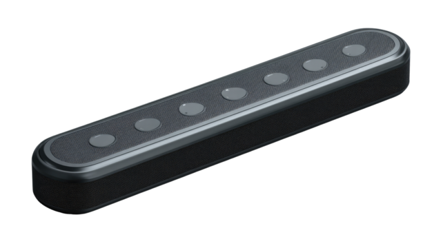 Dark gray rectangular control panel with seven illuminated buttons