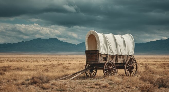 Pioneer wagon in vast desert landscape