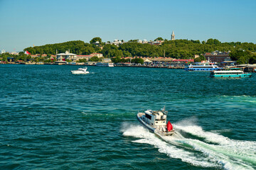 Fototapeta premium private yachts in the bay near the city 