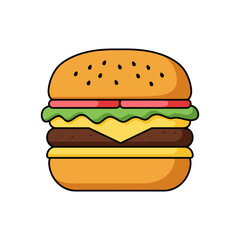 Cartoon Burger with Lettuce Tomato Cheese and Meat Patty Illustration.