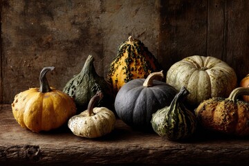 Autumnal Still Life: Assorted Gourds on Rustic Wood Surface