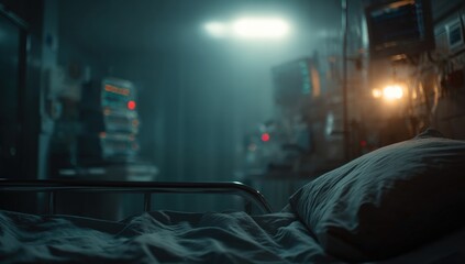 Hospital room at night, dimly lit