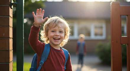 Happy child waving goodbye at school gate, joyful moment captured