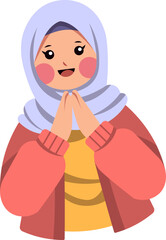 A cheerful young woman wearing a light blue hijab and a coral-colored top, with her hands pressed together in a welcoming gesture.