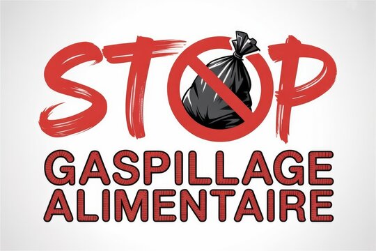 Red Brushstroke Stop Sign with Trash Bag Icon Above Gaspillage Alimentaire Text